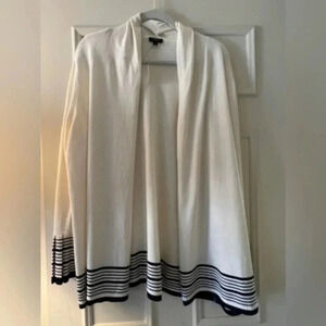 Talbots White Open Front Cardigan with Black Striped Hem